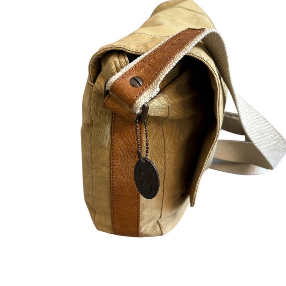 Fossil 54 Factory Machines Large Messenger Bag Khaki Canvas Leather Crossbody - Picture 3 of 8